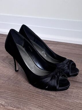 Le Chateau Open Toe Satin-Like Heel in Black 3”